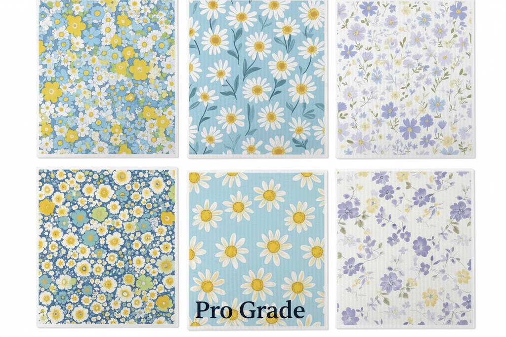 Six daisy and floral Swedish dishcloth designs with Pro Grade branding