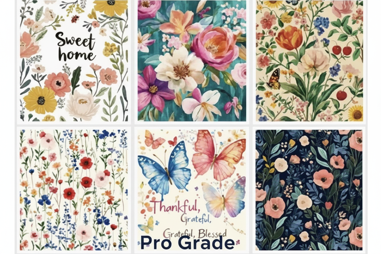 Six floral Swedish dishcloth designs with Pro Grade branding