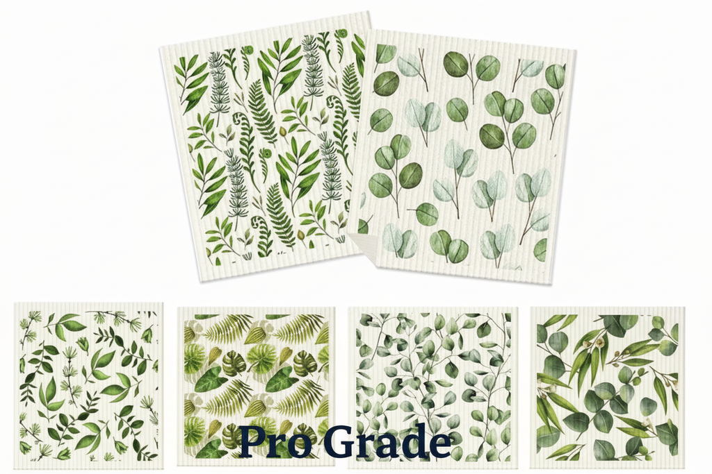 Six botanical leaf Swedish dishcloth designs with Pro Grade branding